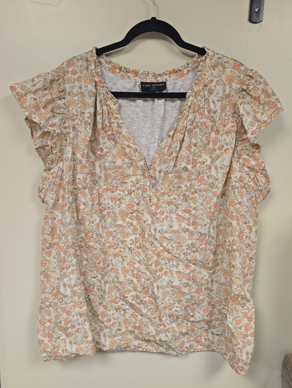 Lane Bryant Cream Top with Peach Floral Print and Ruffle Sleeves